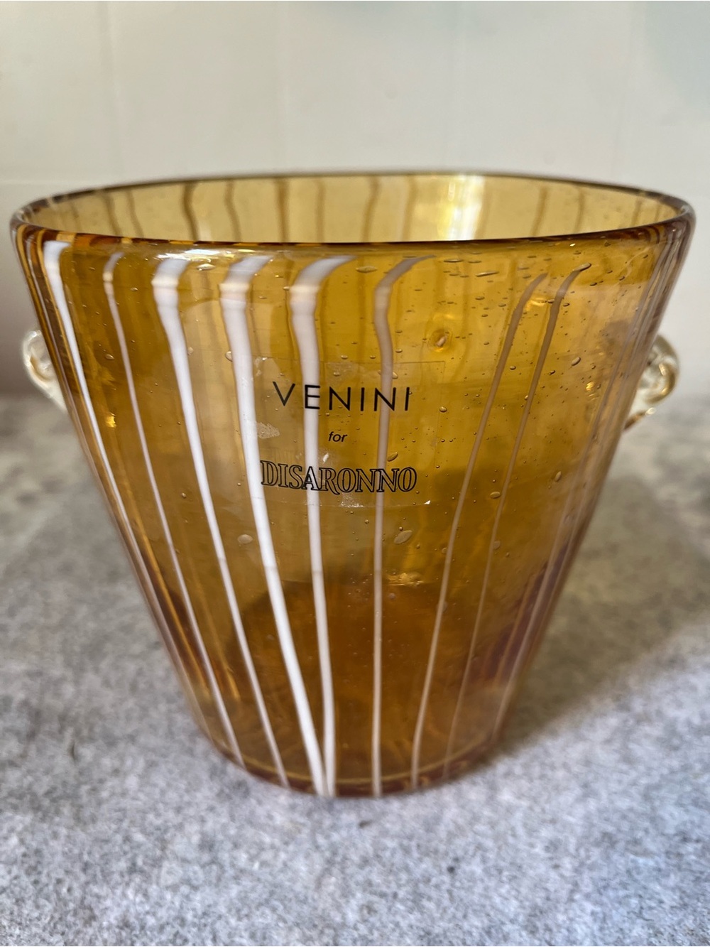 Murano Venini For Disaronno Hand Blown Glass Ice Bucket Amber White Stripes